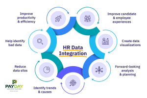 Flowchart showing HR integration with payroll systems for business automation, syncing employee data and time tracking.