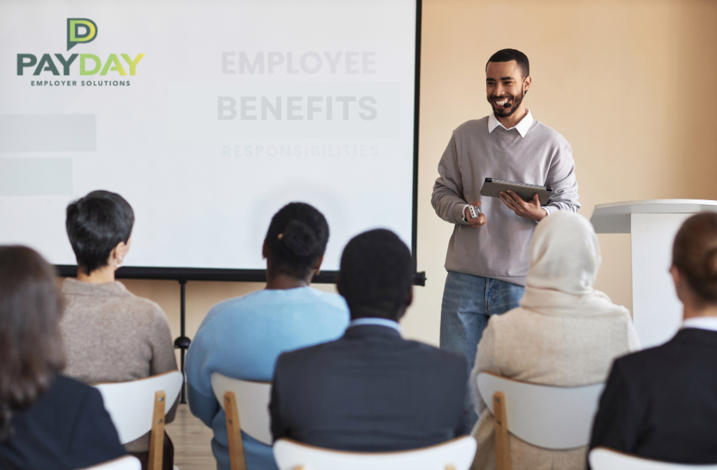 HR professional discussing employee benefits in a welcoming office space.