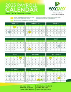 2025 PayDay Payroll Calendar showing paydays, Federal Reserve, and bank closure dates. Includes highlighted dates for special processing. Features company contact information: 655 Creek Road, Bellmawr, NJ 08031 (Phone: 856-345-2500) and 25 Main Street Suite 1-2, Goshen, NY 10924 (Phone: 845-378-9944).