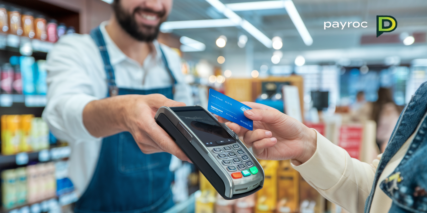 Modern credit card payment terminal in use at a retail store