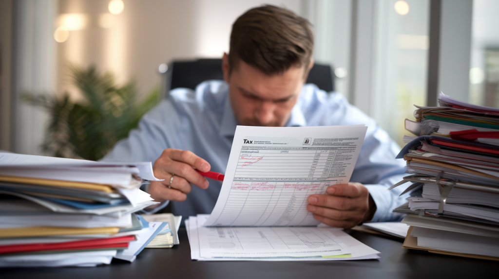 Frustrated employee examining a tax document, symbolizing the impact of Box 1 errors.