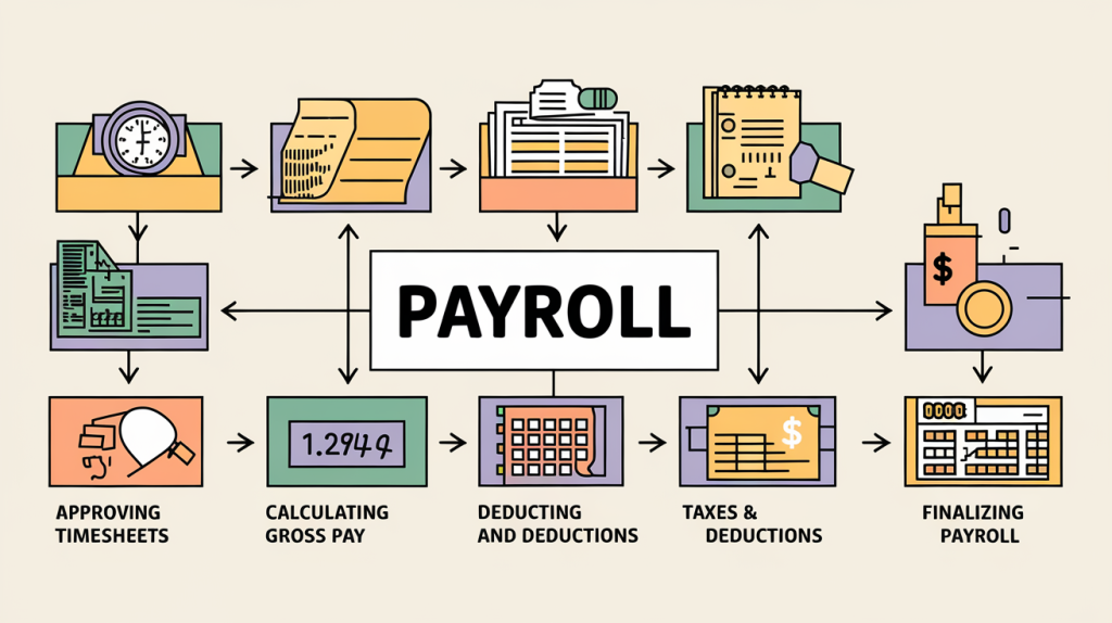 Payroll process flowchart transitioning from gross wages to Box 1 taxable wages.