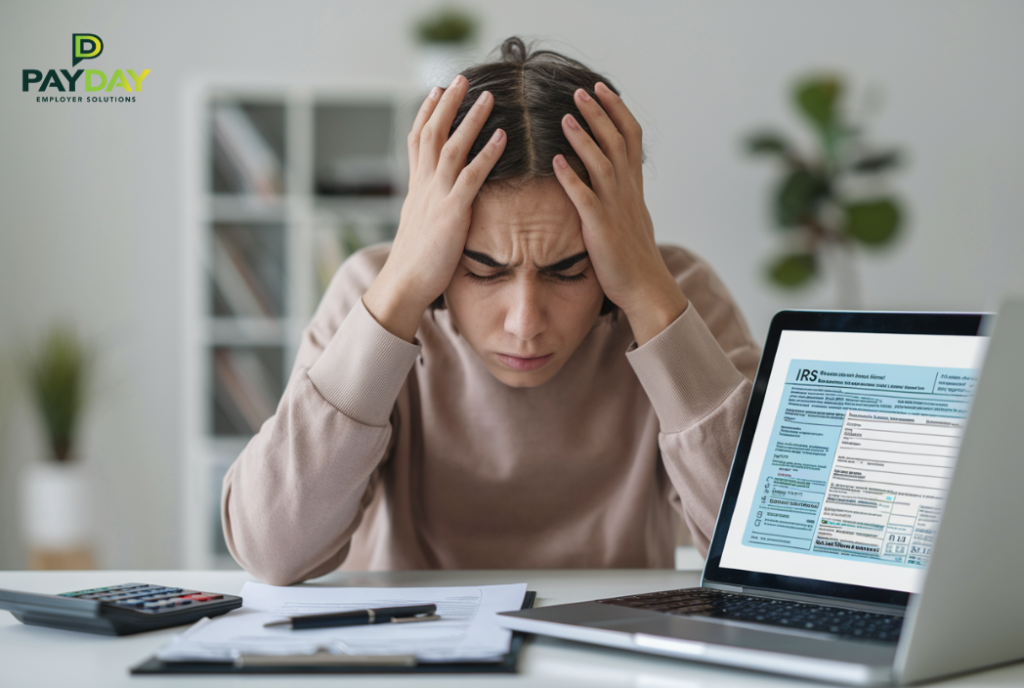 Person reviewing IRS tax documents on a laptop with a calculator nearby