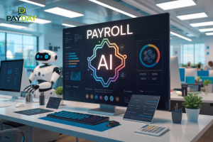 Modern payroll technology with AI and automation in a futuristic office.