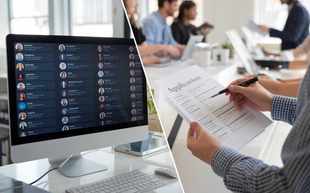 A side-by-side comparison of AI vs. human decision-making in HR, such as a computer scanning resumes vs. a person reviewing applications.
