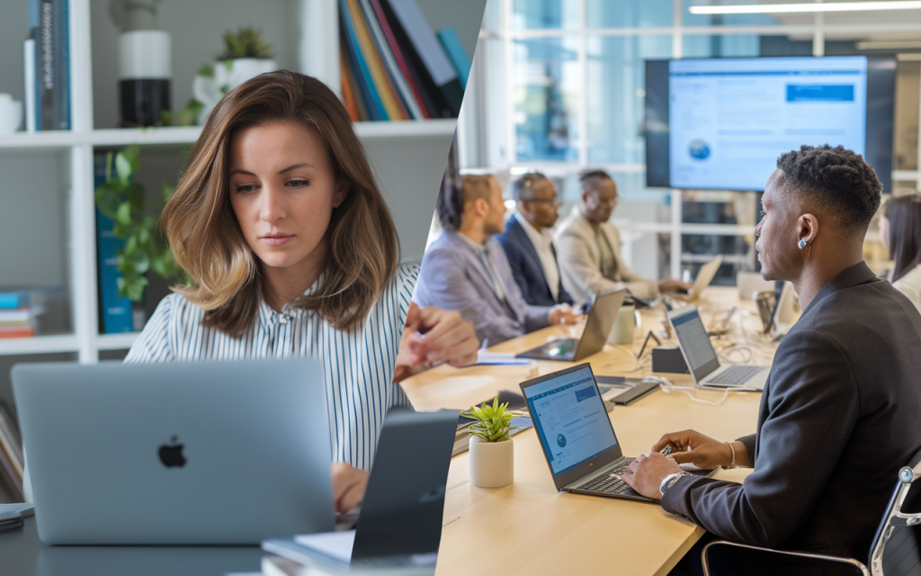 Hybrid work model: Employees collaborating remotely and in-person.