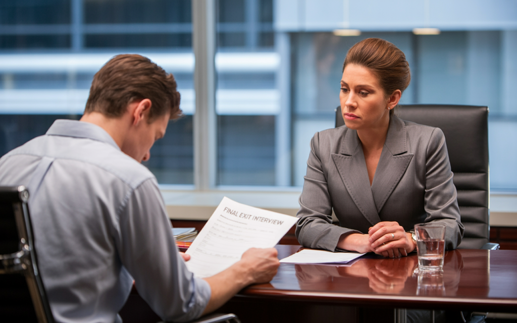 HR manager having a one-on-one meeting with a departing employee.