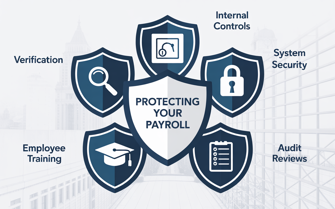 Infographic showing five key payroll fraud defenses: verification, internal controls, system security, employee training, and audit reviews.