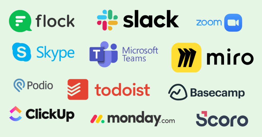 Collaboration tools like Slack, Zoom, and Asana used by remote teams.