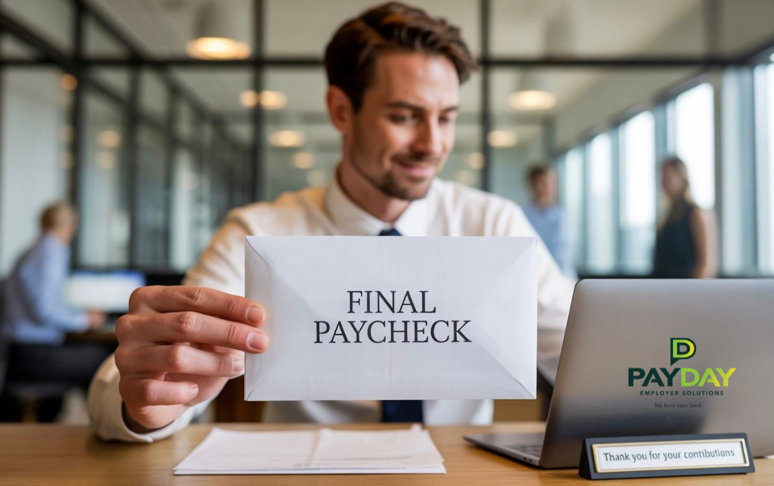 A man holding a final paycheck envelope smiling in his laptop.