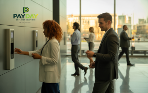Employees using digital time and attendance solutions in a modern workplace.