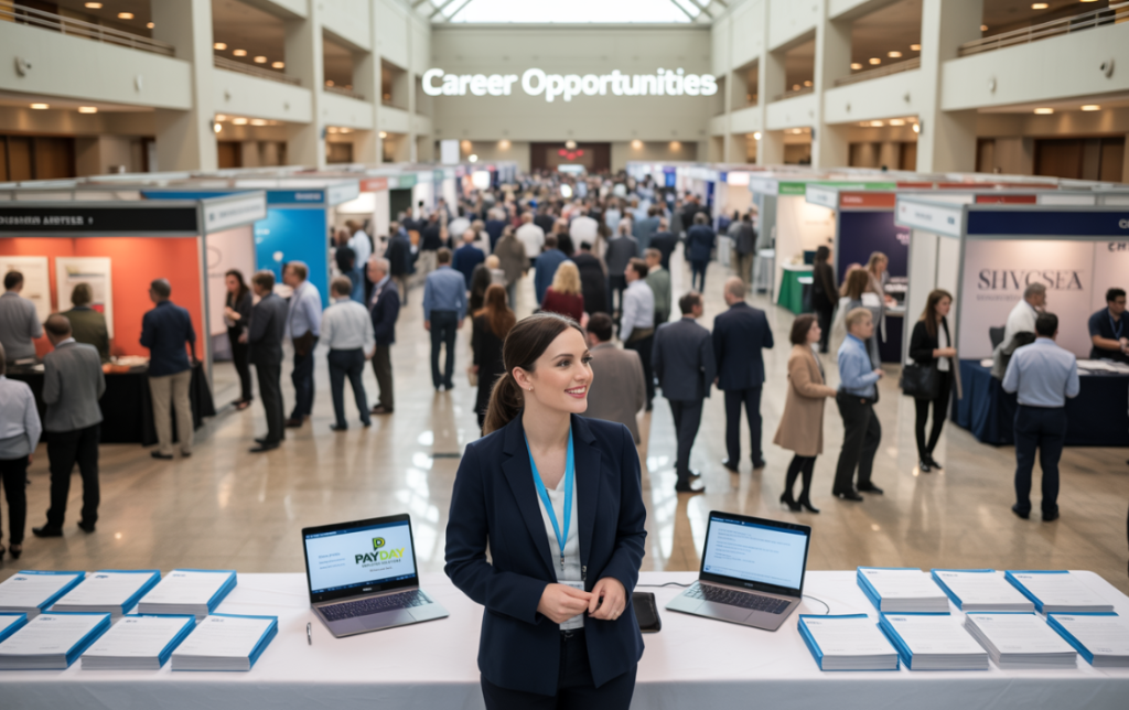 Large recruitment event with crowds of professionals and recruiters connecting across multiple booths.