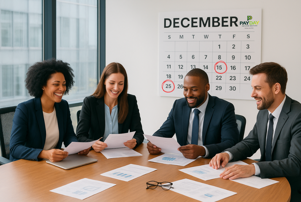 HR and payroll team preparing year-end compliance reports and strategy for 2025.