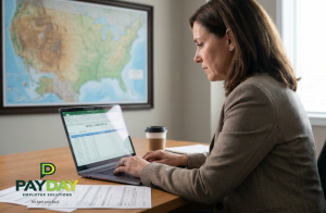 HR manager reviewing multi-state payroll compliance requirements with a U.S. map in background.