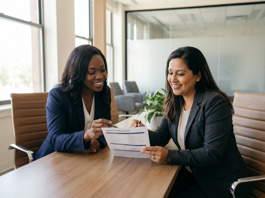 Manager walking new employee through benefits package during small business onboarding