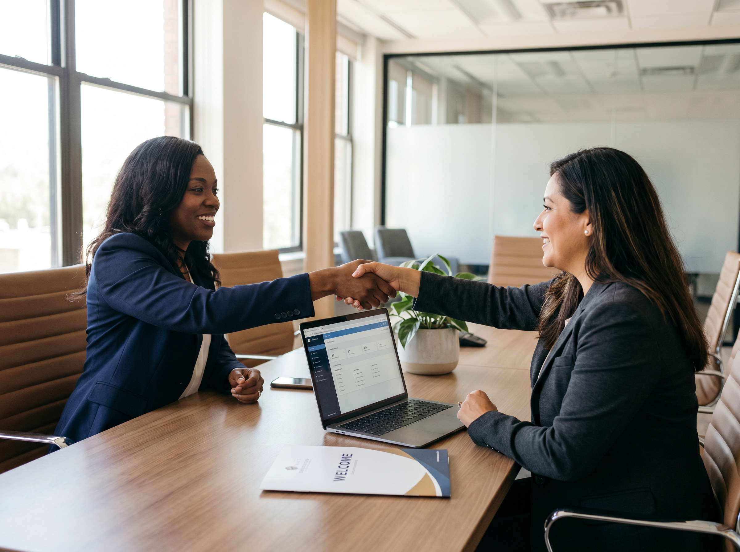 New hire being welcomed during small business onboarding at a modern office