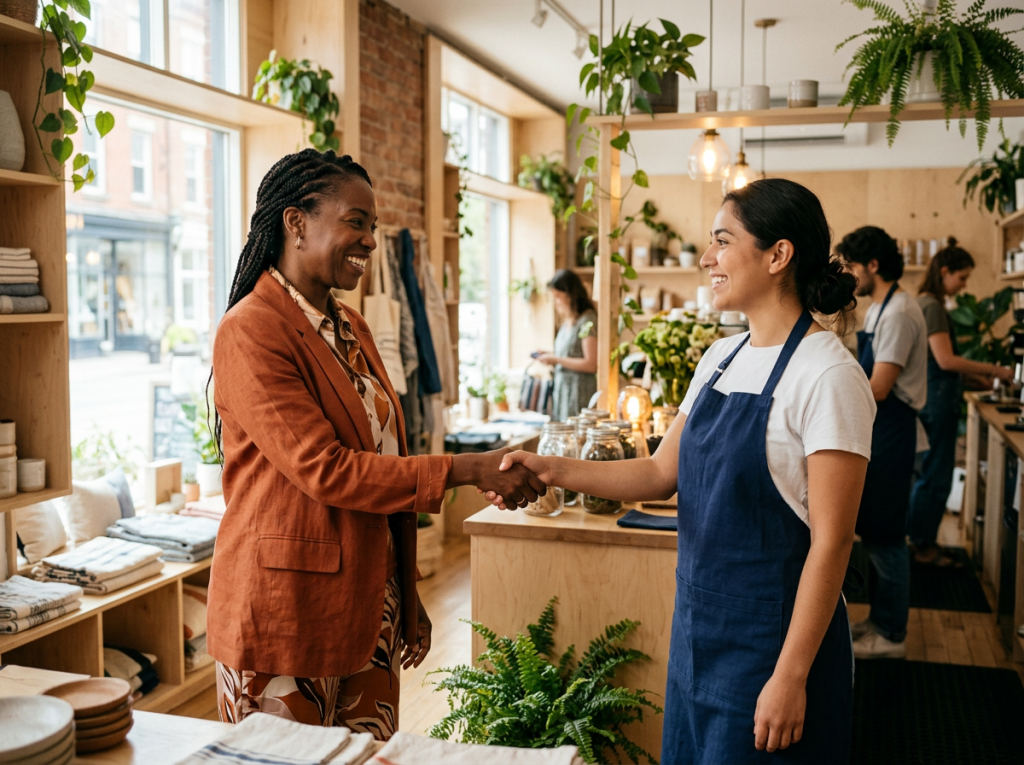 Small business owner welcoming a new seasonal hire as part of seasonal hiring compliance onboarding