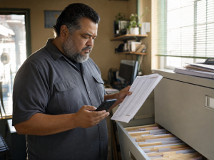 Business owner checking payroll records during a mid-year checkup