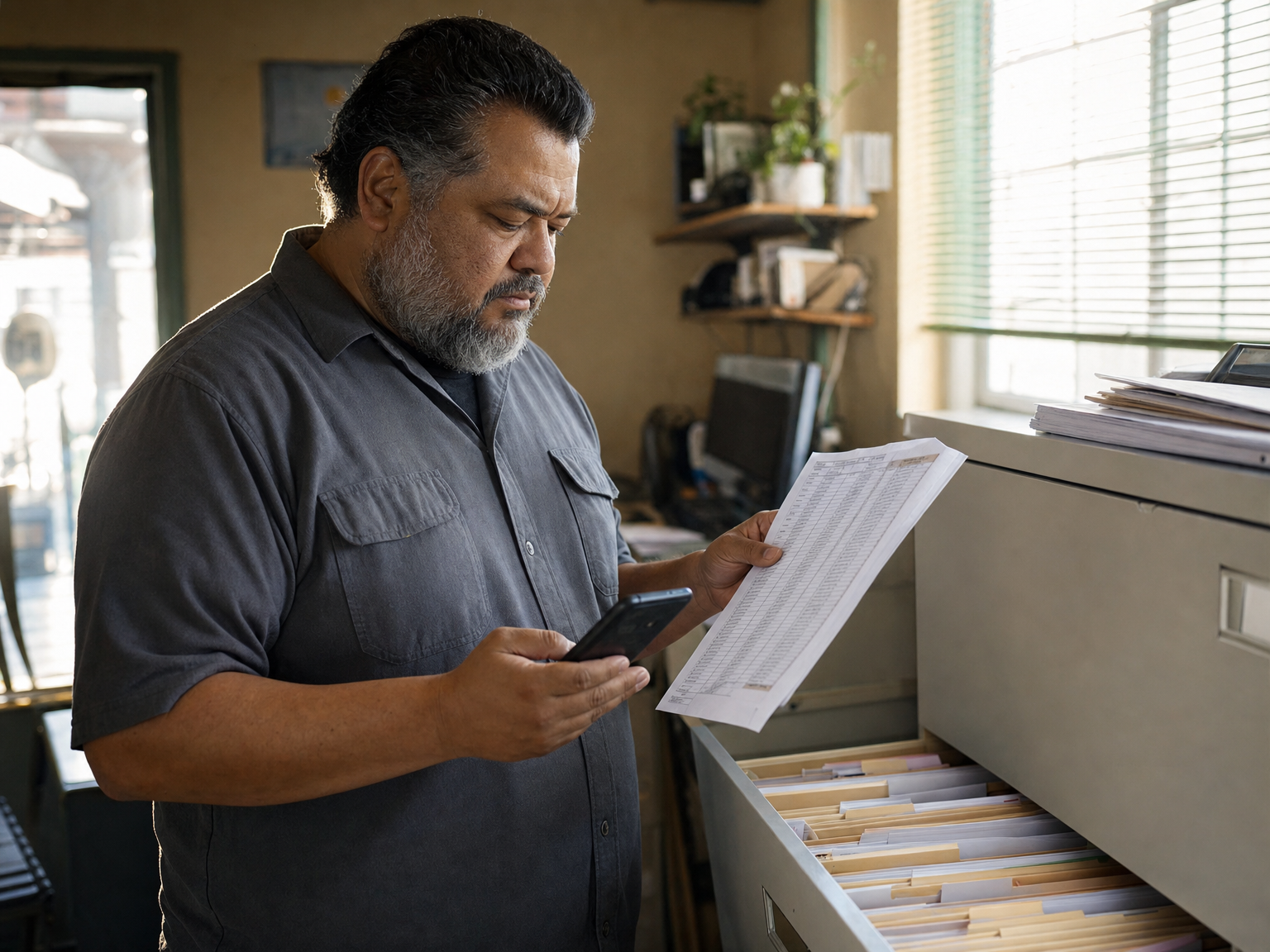 Business owner checking payroll records during a mid-year checkup