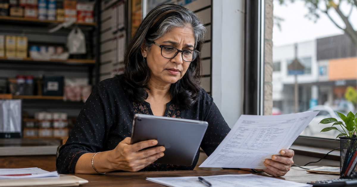 HR manager reviewing open enrollment compliance documents on a tablet.